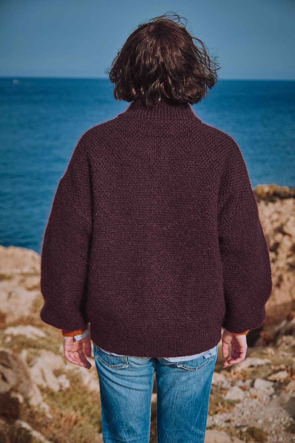 GEORGE Veste cardigan à col montant en prune - Laine naturelle mérinos-mohair - L'Envers