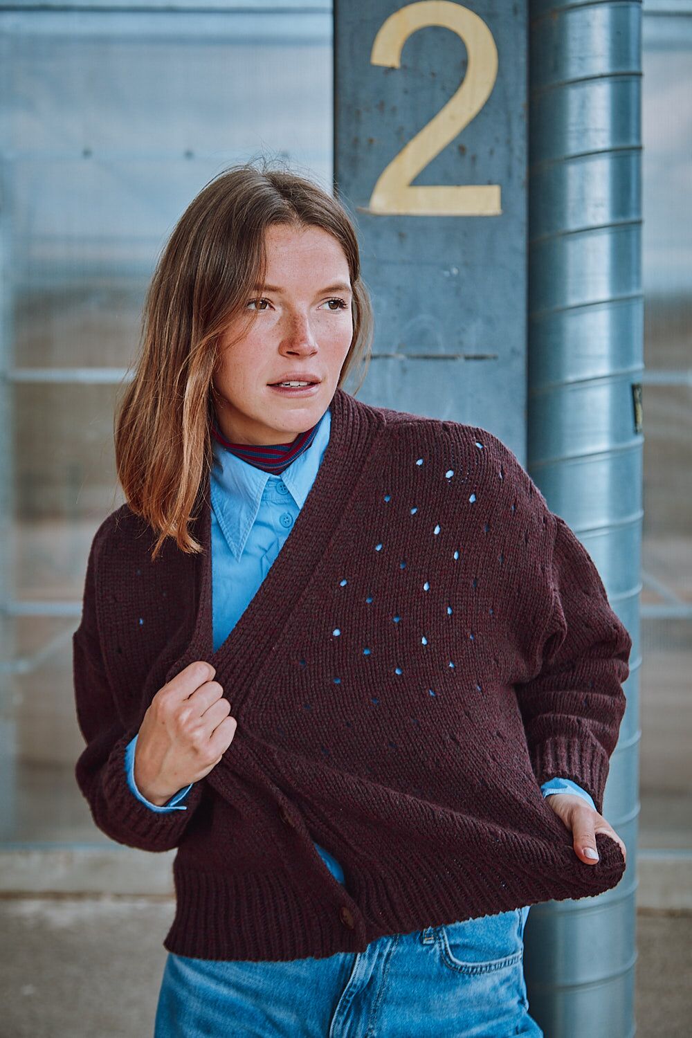 KATRINA Open Weave Cardigan in Merino Wool Plum