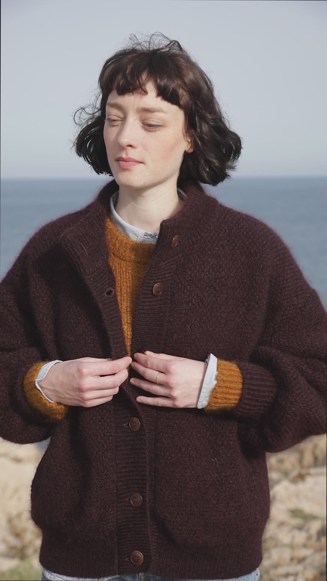 GEORGE Veste cardigan à col montant en prune - Laine naturelle mérinos-mohair - L'Envers