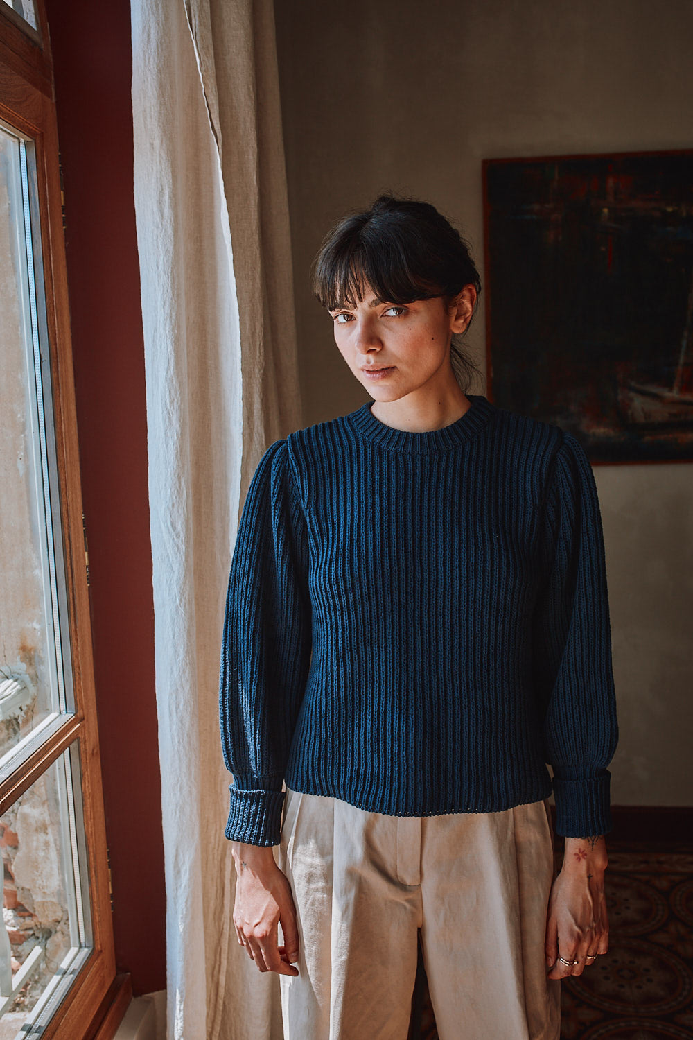 RAPHAELLE Puff-Sleeve Sweater by L'ENVERS x SIXSŒURS - Navy - 100% cruelty- free and sustainable knitwear - L'envers 