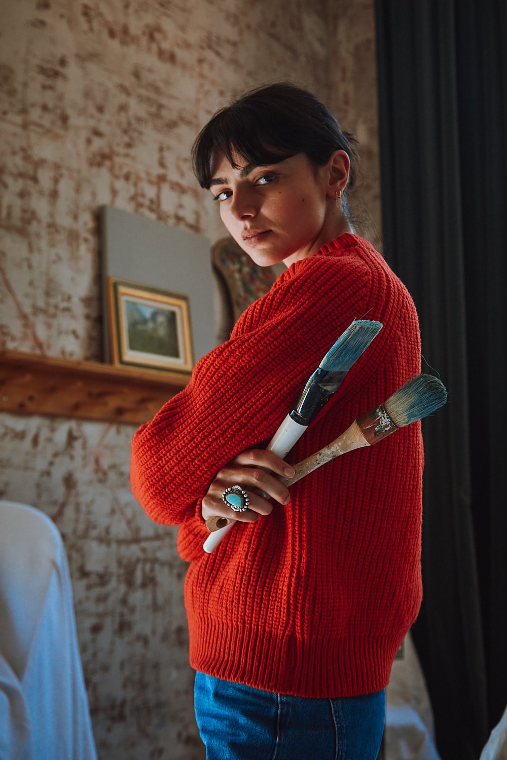 AGNES Crew Neck Sweater - 100% Cruelty Free Merino Wool in Red - Spanish Merino Wool Cardigan - L'Envers