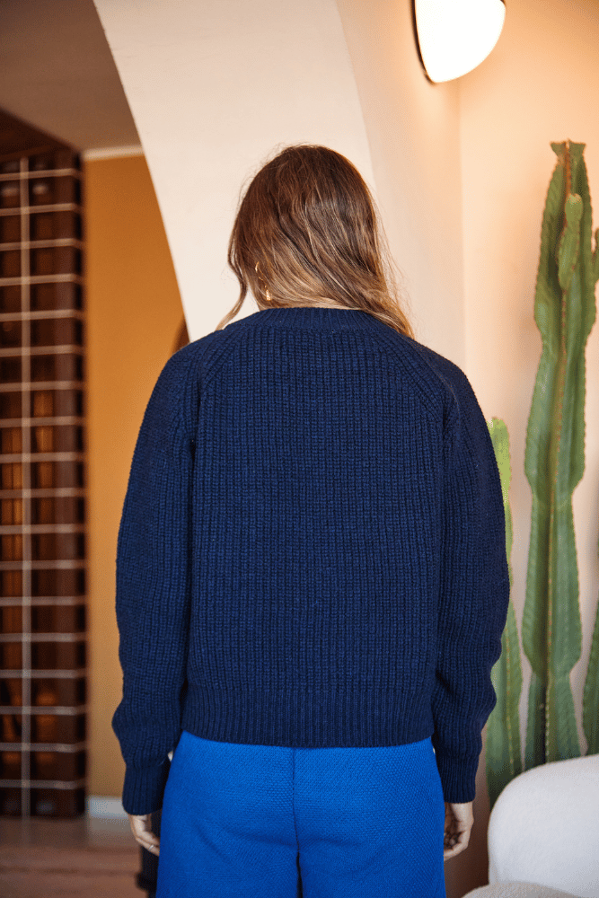 AGNES Crew Neck Sweater - 100% Cruelty Free Merino Wool in Navy Blue - Spanish Merino Wool Cardigan - L'Envers