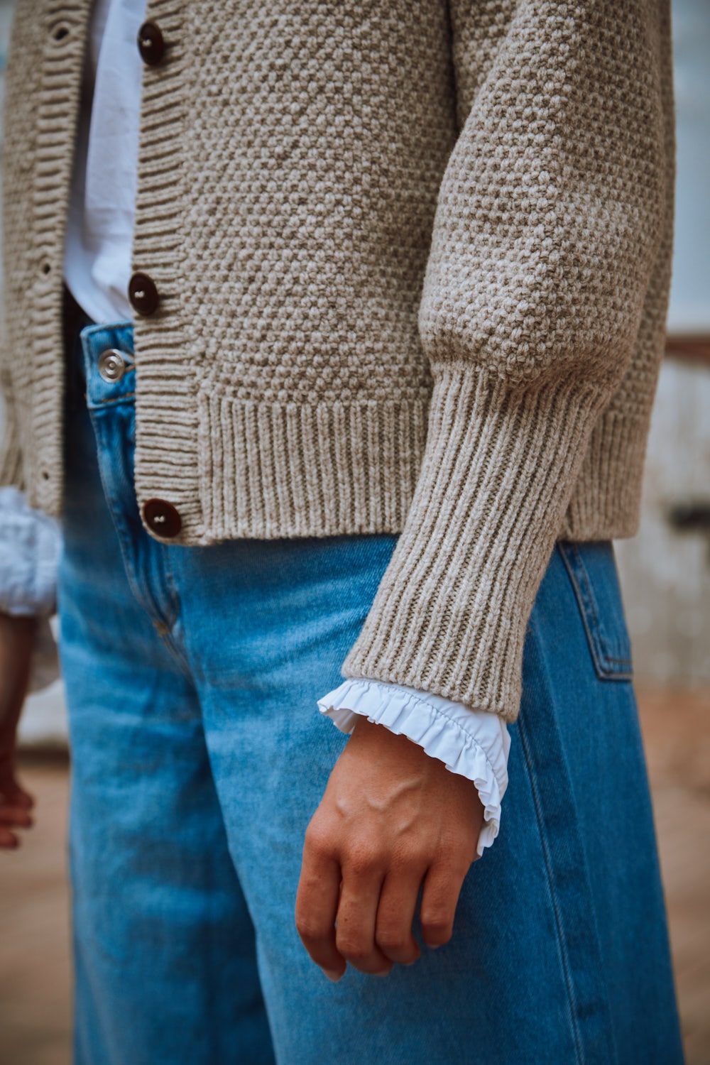 ANAIS Puff Sleeve Cardigan in Merino Wool - Beige - Spanish Merino Wool Cardigan - L'Envers