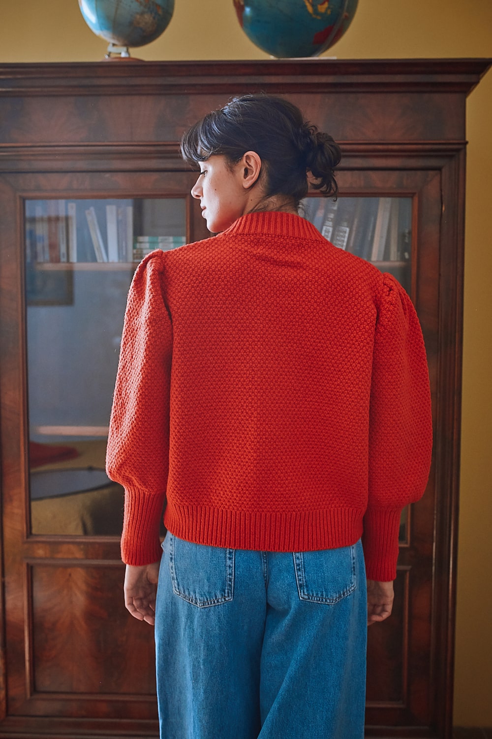 ANAIS Puff-Sleeve Cardigan in Merino Wool - Red - Spanish Merino Wool Cardigan - L'Envers