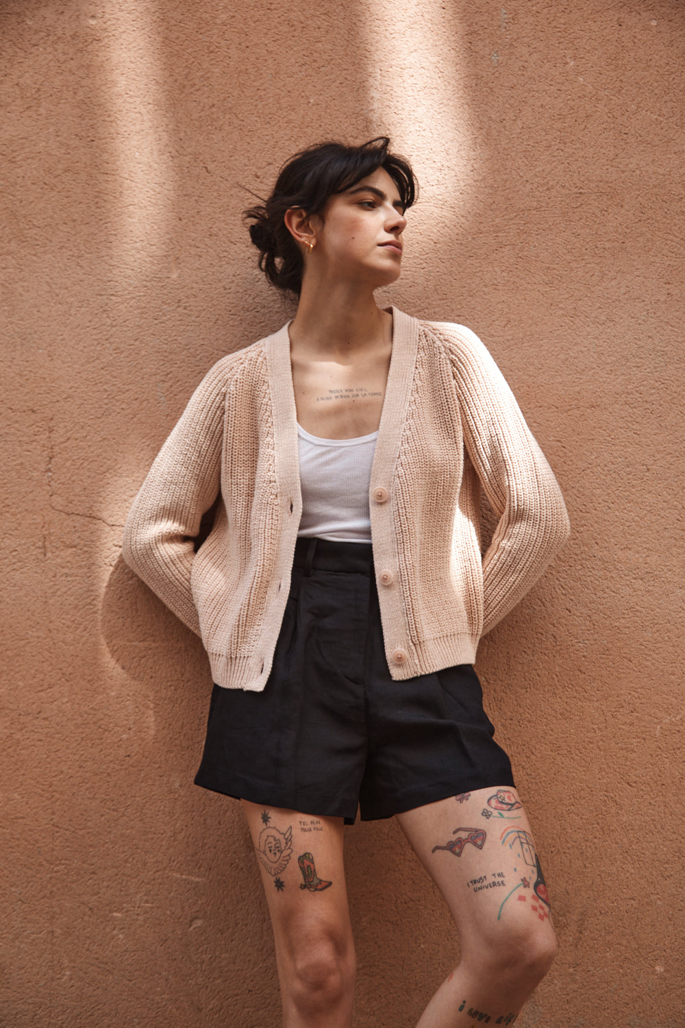 ANNA V-Neck Cardigan in Organic Cotton - Powder Pink