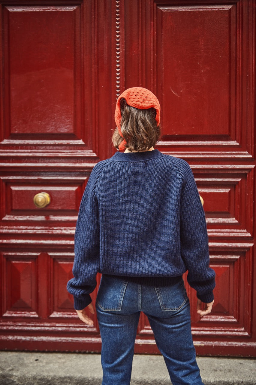 ANNA V-Neck Cardigan in Merino Wool - Navy - Spanish Merino Wool Cardigan - L'Envers