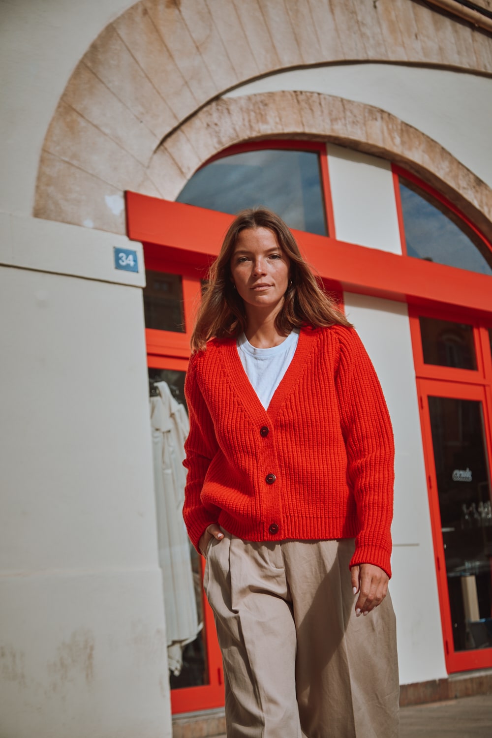 ANNA V-Neck Cardigan in Merino Wool - Red - Spanish Merino Wool Cardigan - L'Envers