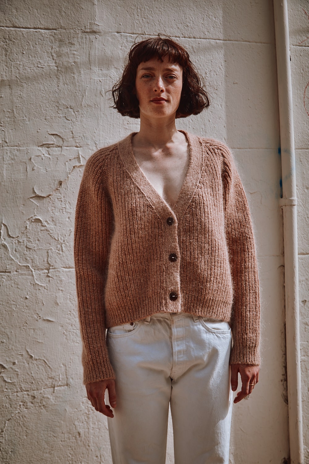 ANNA V-Neck Cardigan in Merino-Mohair Wool - Light Pink - 100% cruelty free and sustainable knitwear - Spanish Merino Wool Cardigan - L'Envers 