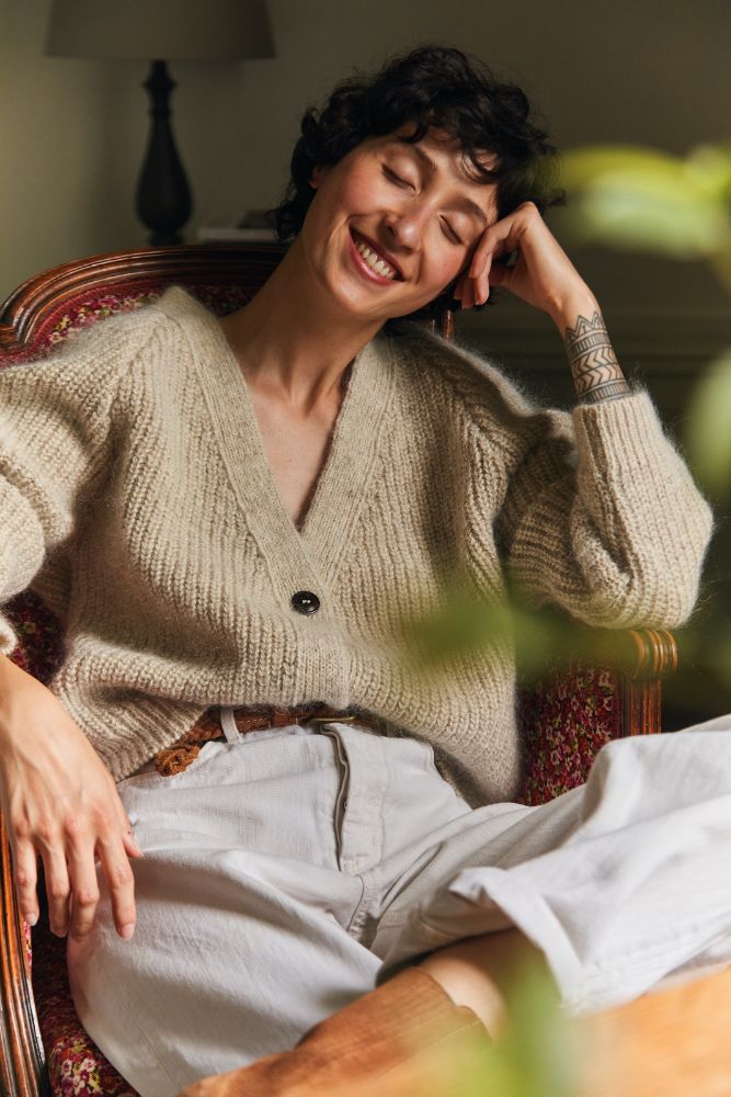 ANNA V-Neck Cardigan in Merino-Mohair Wool - Beige -100% cruelty free merino wool -  Spanish Merino Wool Cardigan - L'Envers