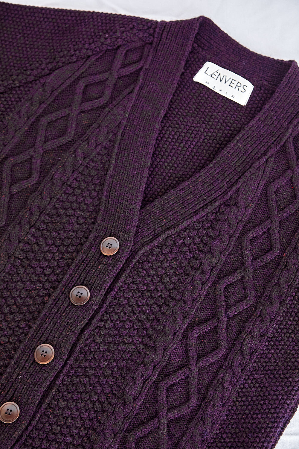 ANNIE V-Neck Cable Cardigan in Merino Wool - Plum