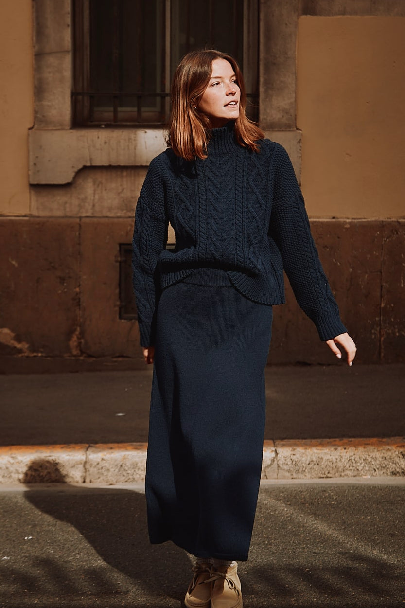 AUGUSTINE Flare Skirt in Merino Wool - Navy - 100% sustainable knitwear - Spanish Merino Wool Cardigan - L'Envers