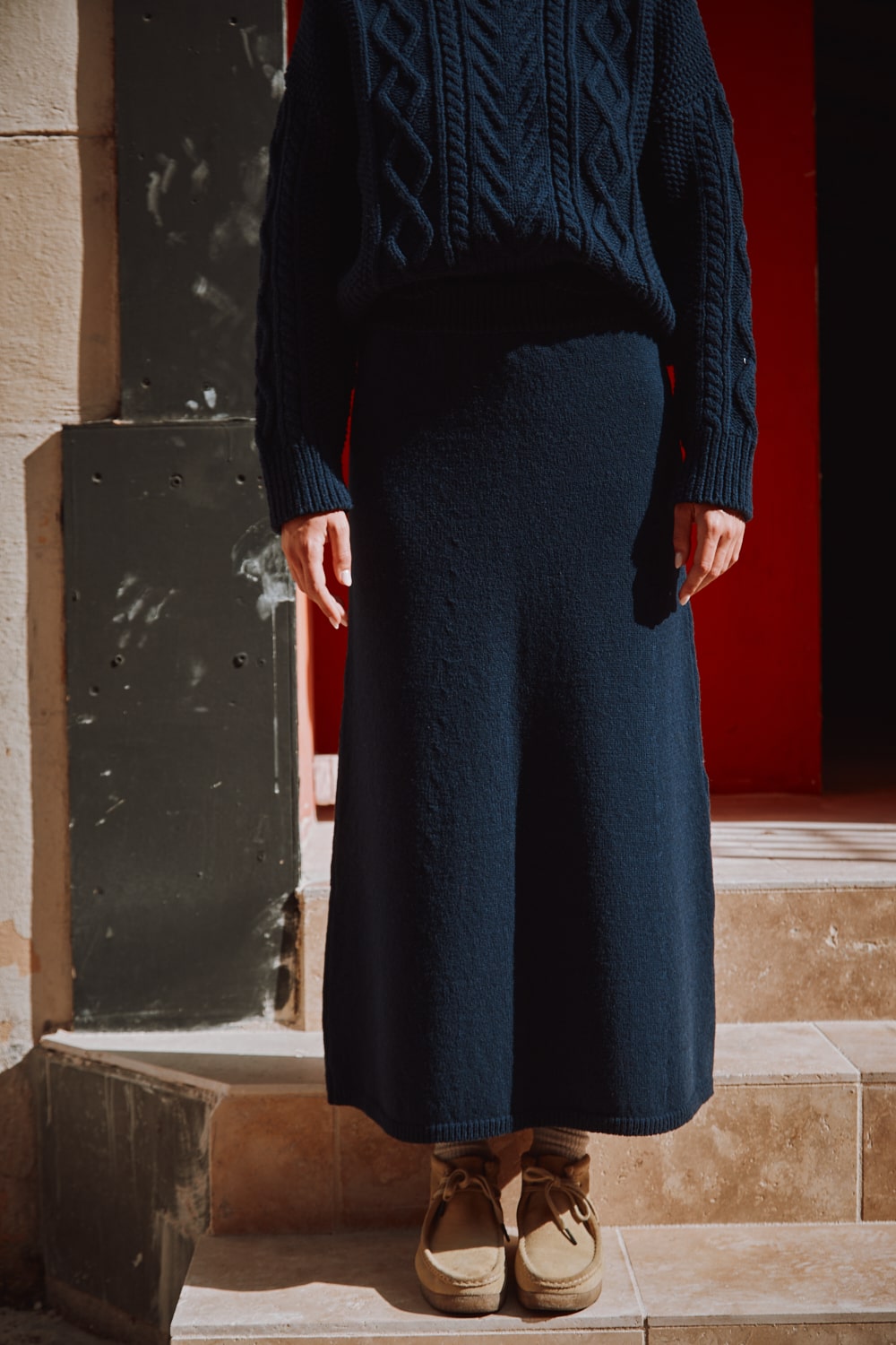 AUGUSTINE Flare Skirt in Merino Wool - Navy - 100% sustainable knitwear - Spanish Merino Wool Cardigan - L'Envers