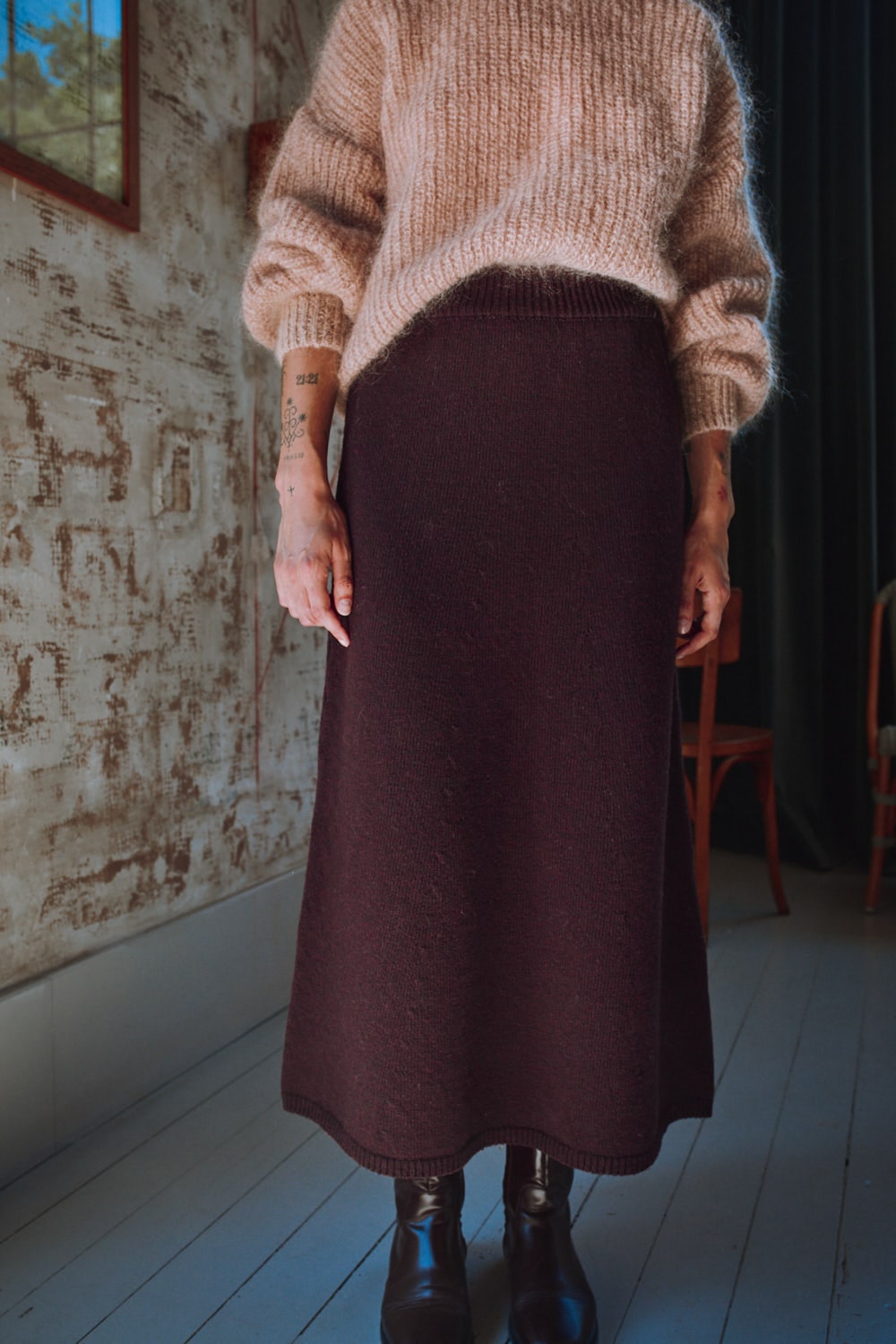 AUGUSTINE Flare Skirt in Merino Wool - Plum - 100% sustainable knitwear - Spanish Merino Wool Cardigan - L'Envers