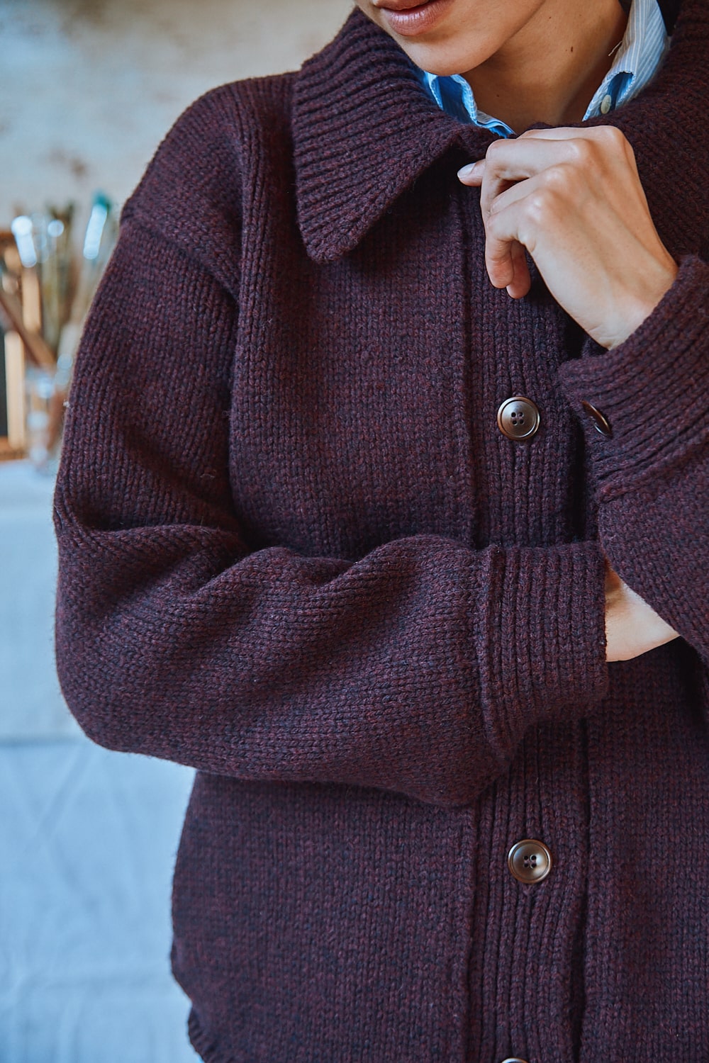 CALAMITY Knit Jacket in Merino Wool - Plum - 100% sustainable knitwear - L'envers