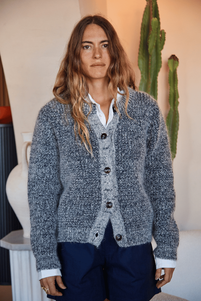 CHARLOTTE Round-Neck Cardigan in Merino-Mohair Wool - Mottled Blue, 100% cruelty-free wool, sustainable knitwear - L'envers