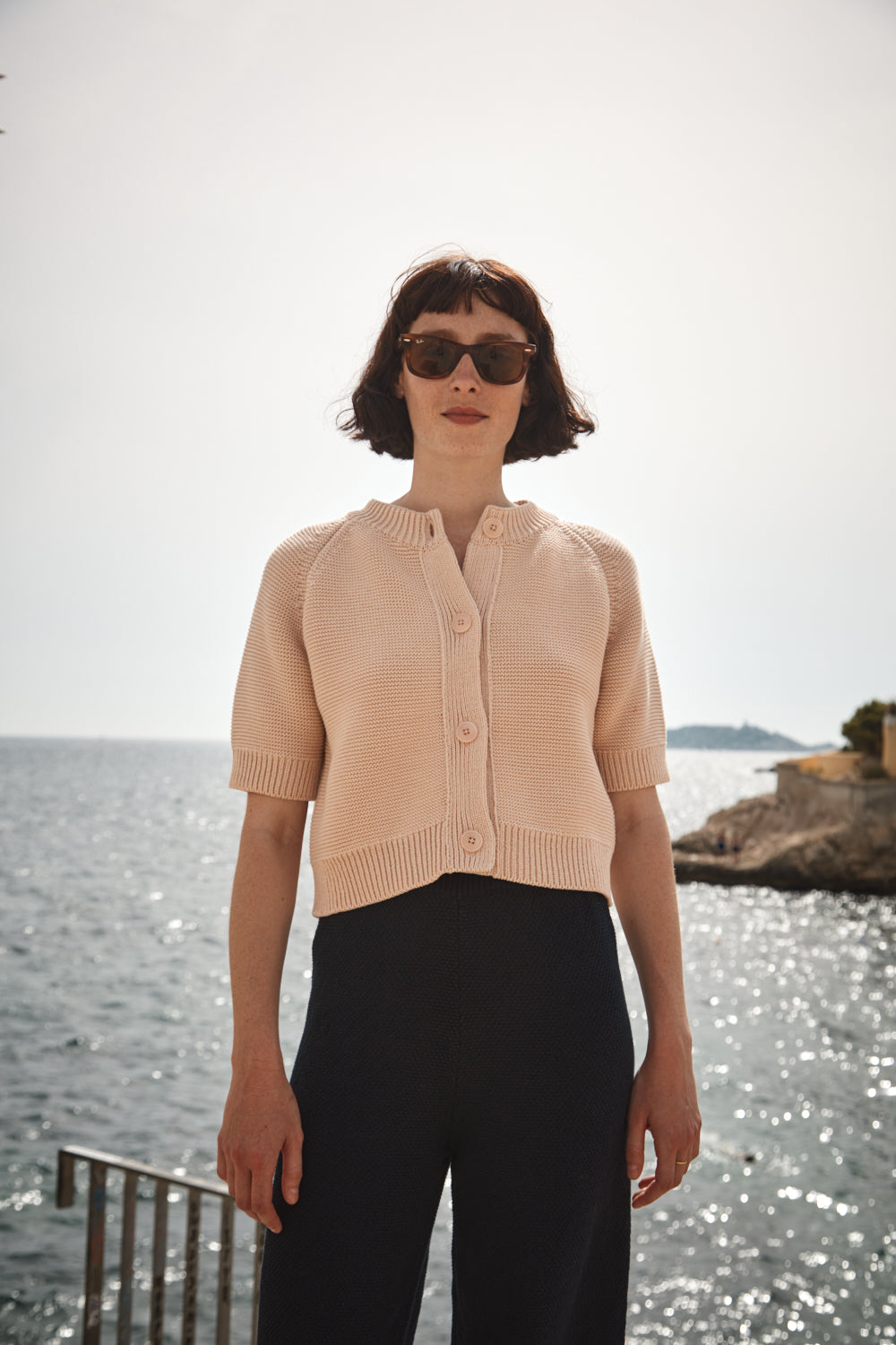 CLARISSE Short-Sleeve Cardigan in Organic Cotton - Powder Pink