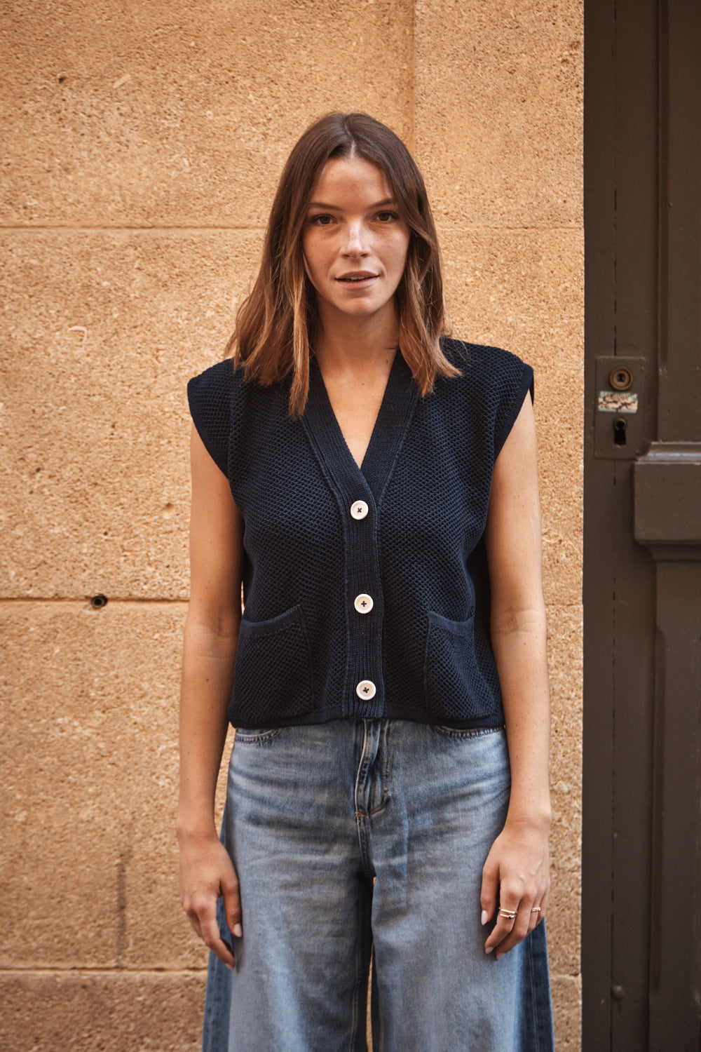 ELEONORE Sleeveless V-Neck Cardigan in Organic Cotton - Navy Blue