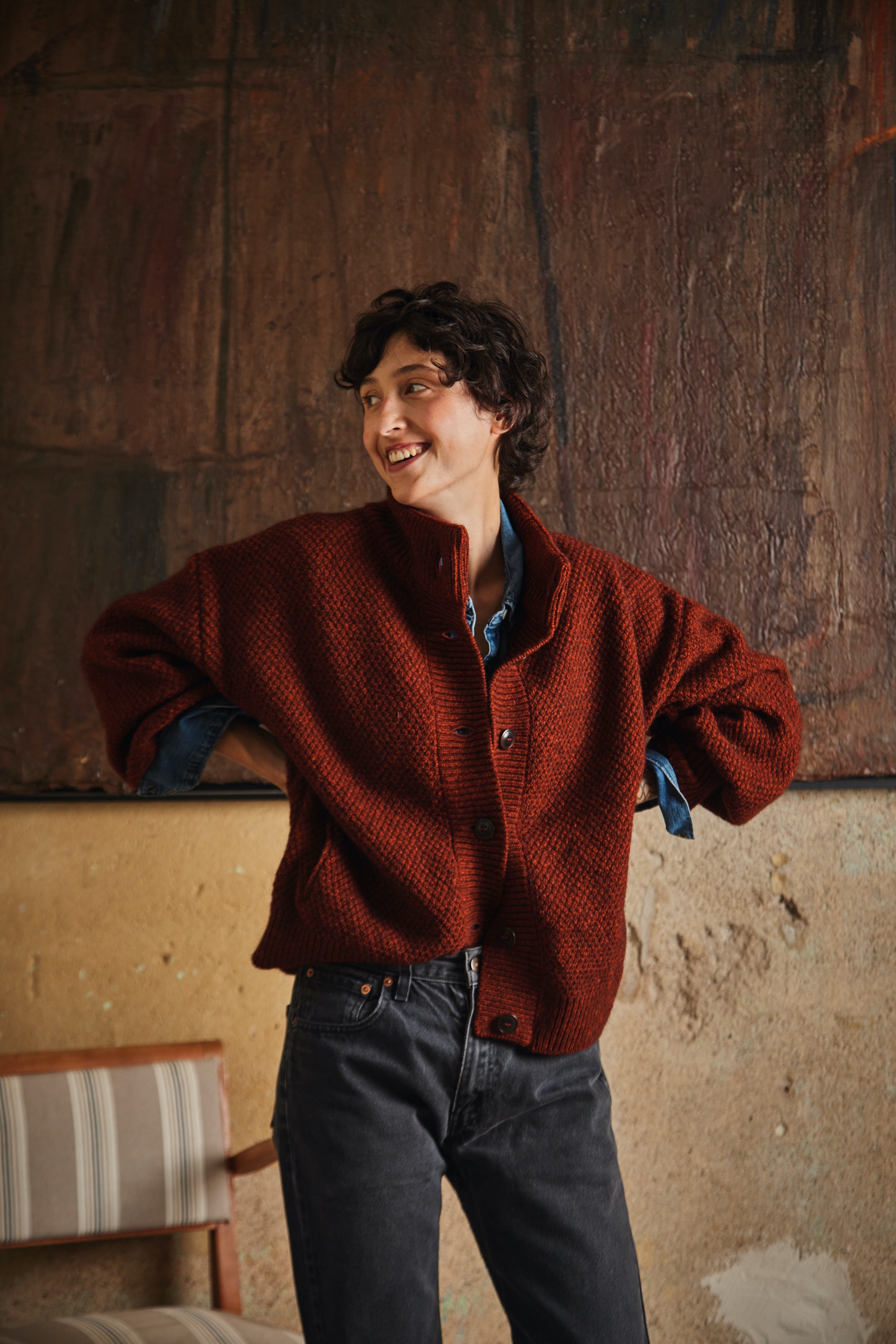 GEORGE High-Neck Cardigan Jacket in Yak-Merino Wool - Rust Red Yak-Merino Wool - L'Envers