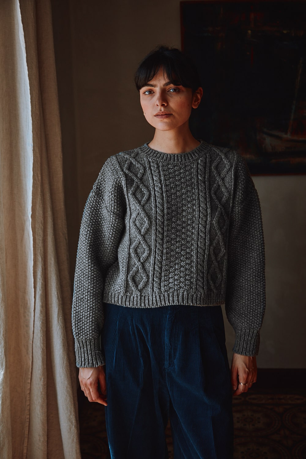 PAOLA Irish Cable Sweater in Merino Wool - Ash Grey - 100% cruelty- free and sustainable knitwear - L'envers 