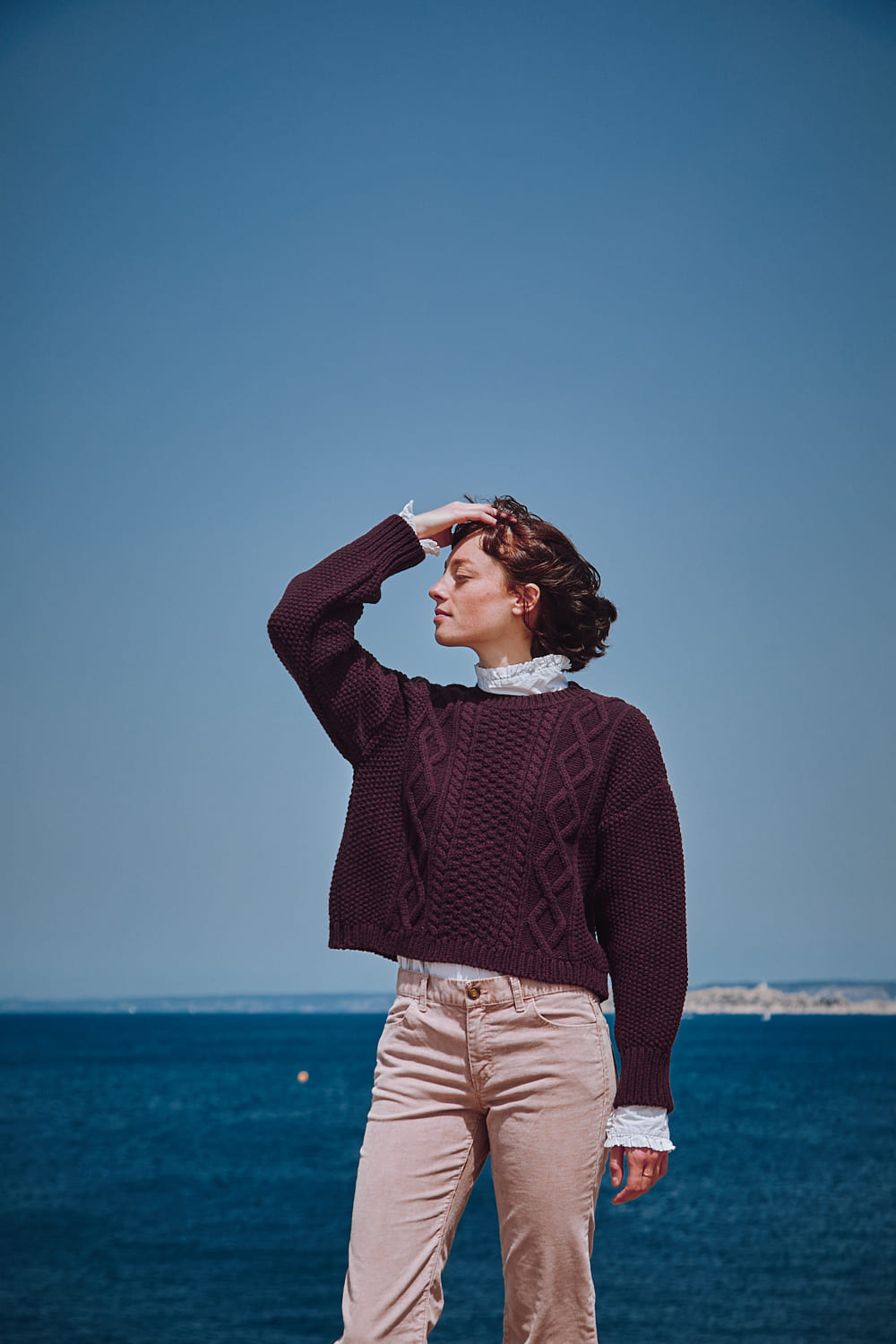 PAOLA Irish Cable Sweater in Merino Wool - Plum - 100% cruelty- free and sustainable knitwear - L'envers 