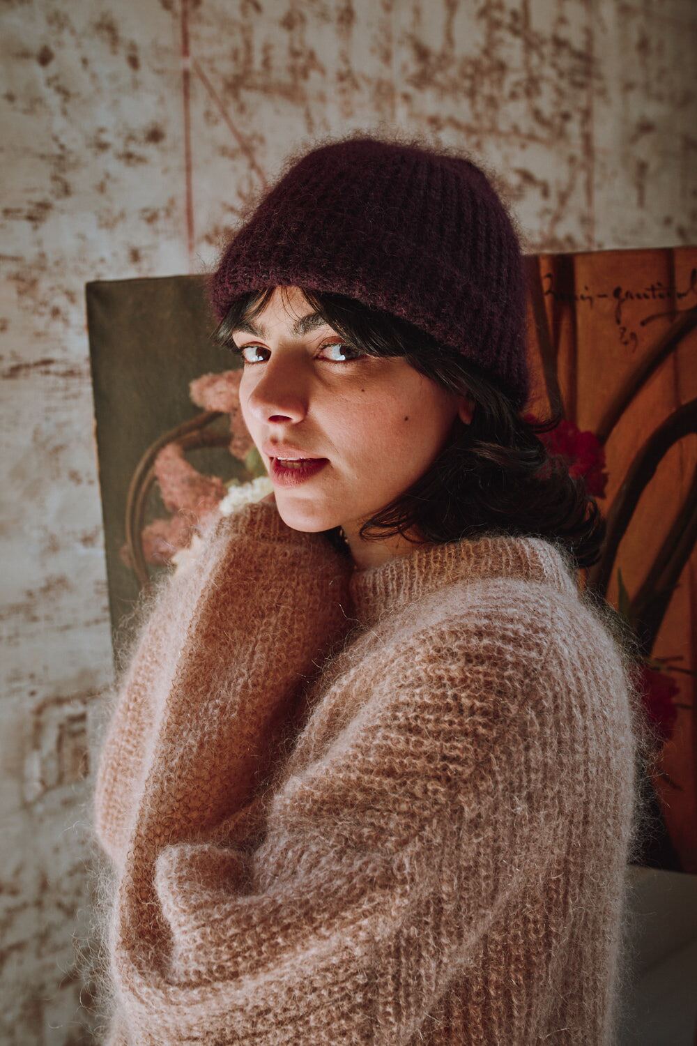 PAUL Beanie in Merino-Mohair Wool - Plum - 100% cruelty- free and sustainable knitwear - L'envers 