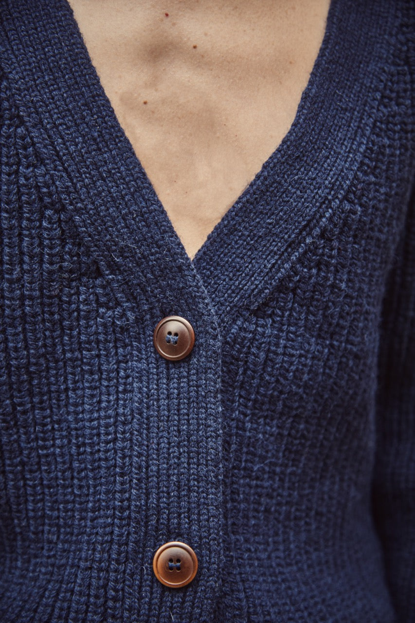 ANNA V-Neck Cardigan in Merino Wool - Navy - Spanish Merino Wool Cardigan - L'Envers