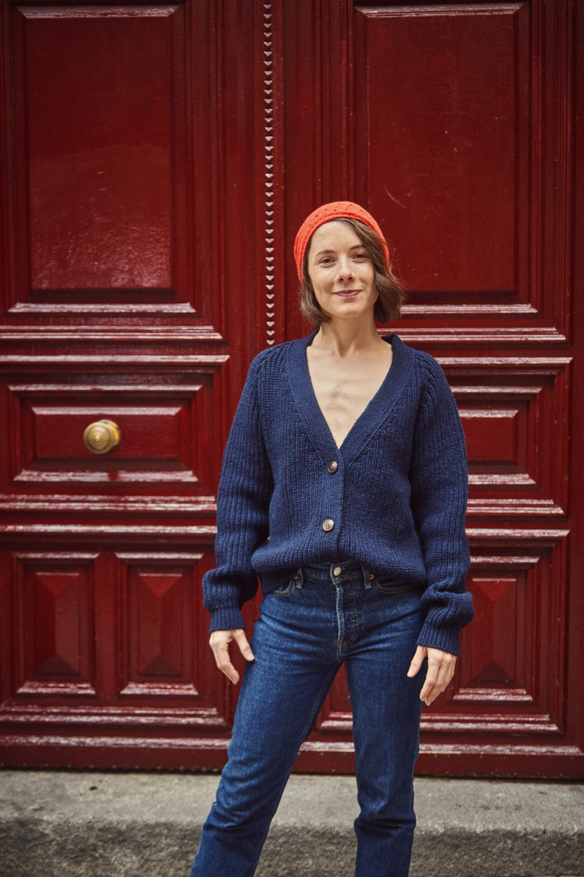 ANNA V-Neck Cardigan in Merino Wool - Navy - Spanish Merino Wool Cardigan - L'Envers