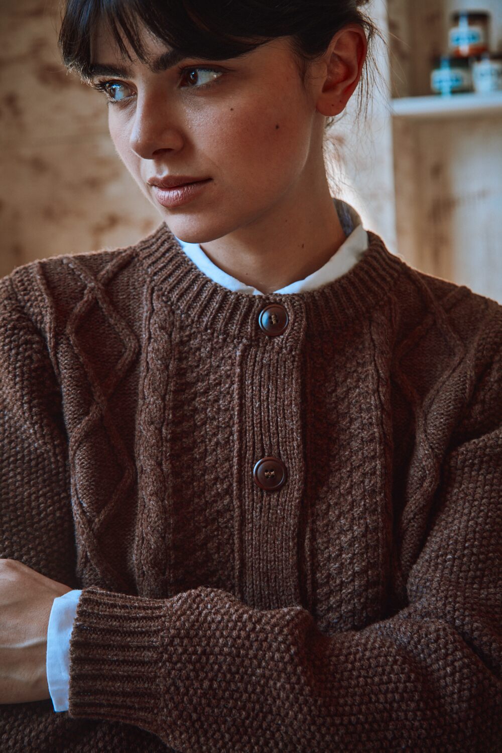 SONIA Cable Cardigan in Merino Wool - Chocolate 100% cruelty- free and sustainable knitwear - L'envers 