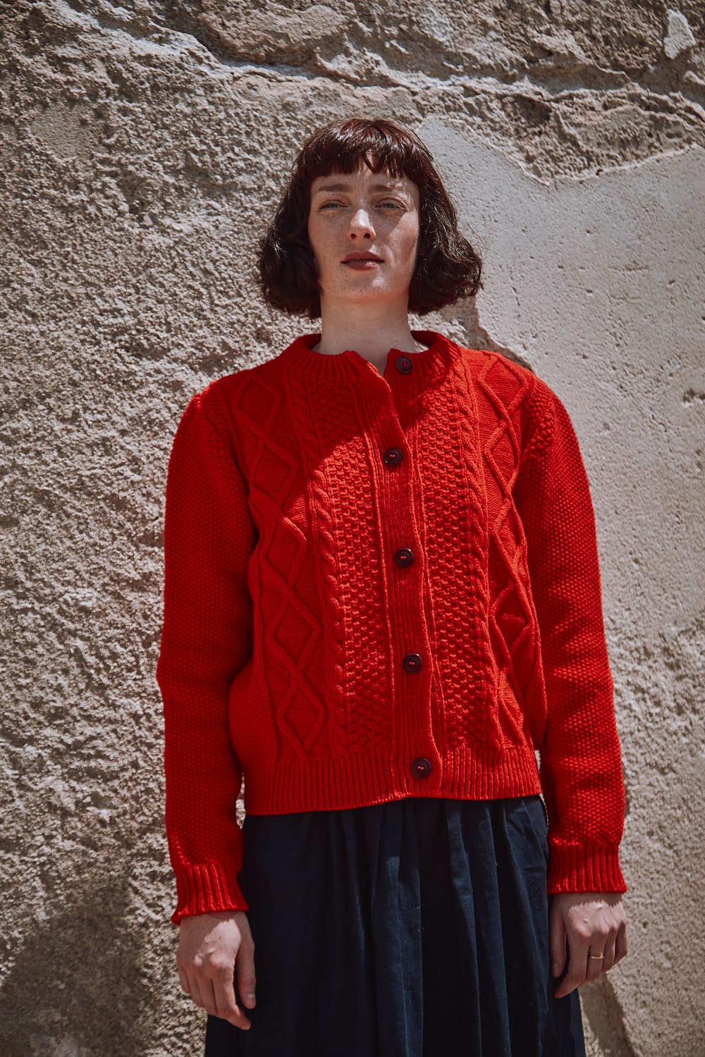 SONIA Cable Cardigan in Merino Wool - Red