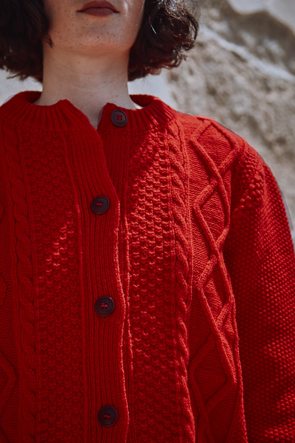 SONIA Cable Cardigan in Merino Wool Red