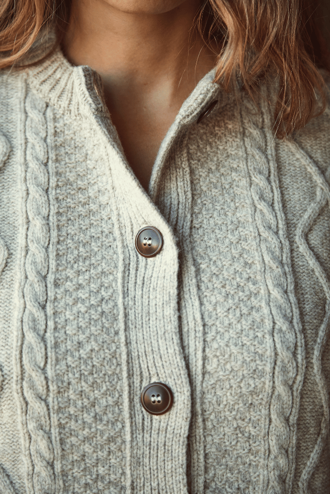 SONIA Crew Neck Cardigan - 100% Spanish Merino Beige Wool - L'Envers