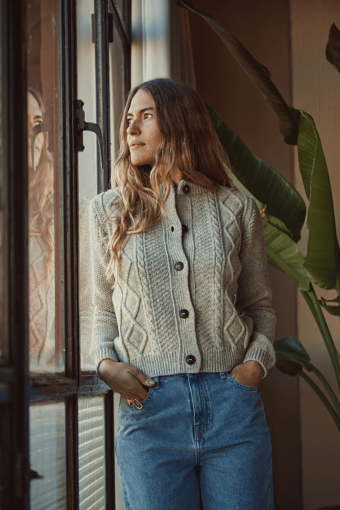 SONIA Crew Neck Cardigan - 100% Spanish Merino Beige Wool - L'Envers