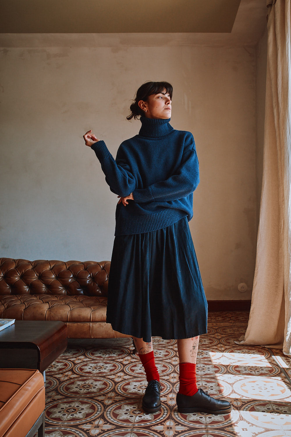 THERESE Turtleneck Sweater in Merino Wool - Navy - 100% cruelty- free and sustainable knitwear - L'envers 