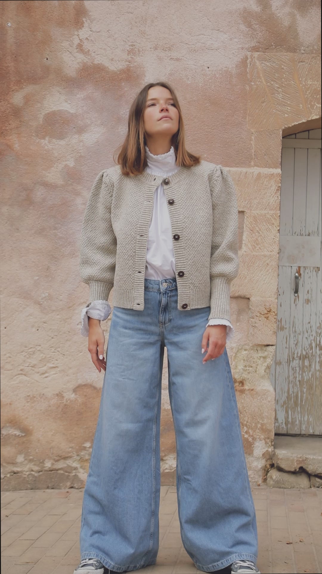 ANAIS Puff Sleeve Cardigan in Merino Wool - Beige - Spanish Merino Wool Cardigan - L'Envers