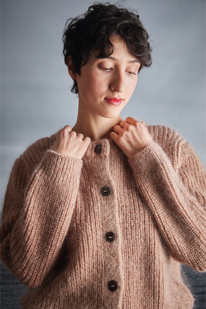 CHARLOTTE Round Neck Cardigan in Merino Mohair Wool Light Pink