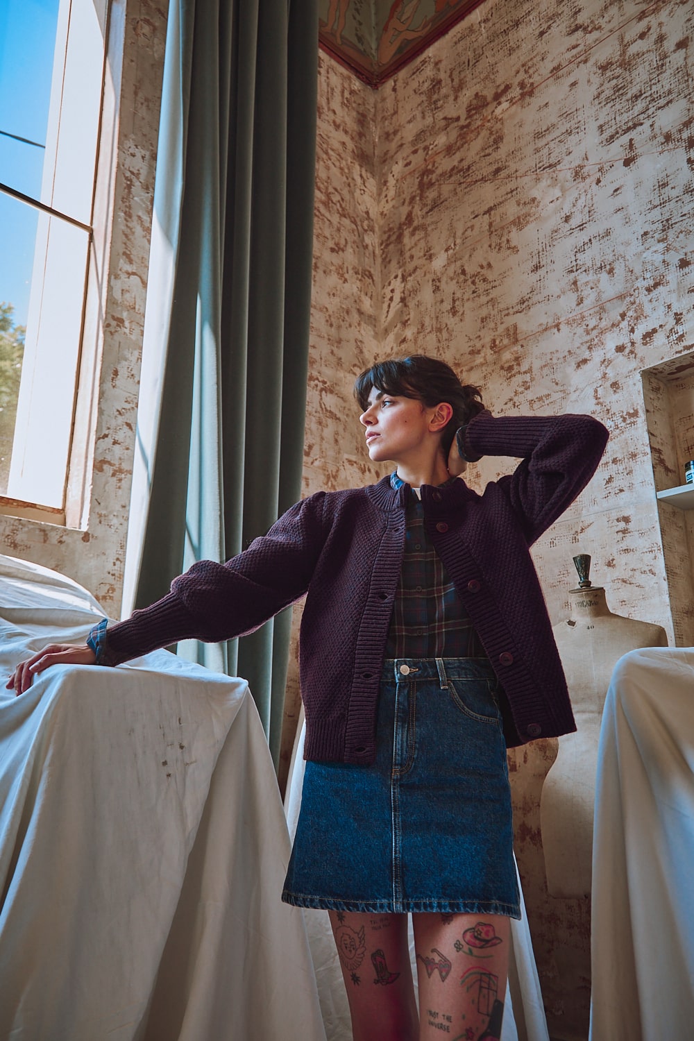 ANAIS Gilet à manches bouffantes en laine mérinos - Prune - Cardigan espagnol en laine mérinos - L'Envers