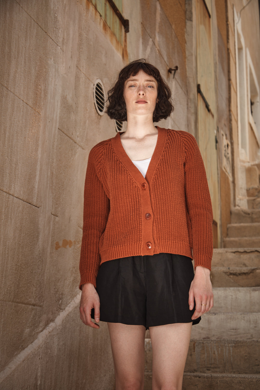 ANNA Cardigan à col V en coton biologique - Terracotta