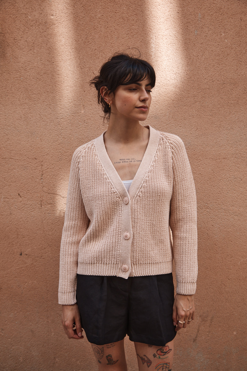 ANNA Cardigan à col V en coton biologique - Rose poudré