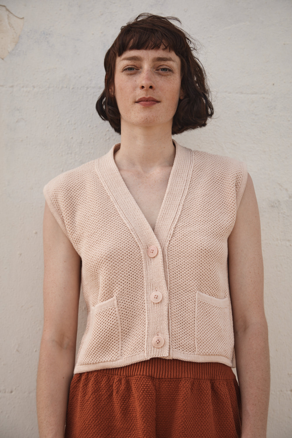 ELEONORE Cardigan sans manches à col en V en coton biologique - Rose poudré