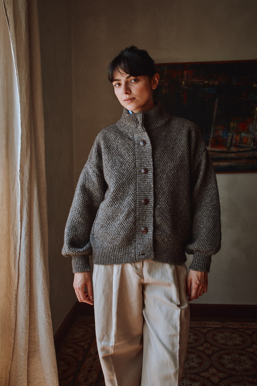 GEORGE Veste cardigan à col montant en yack-Laine mérinos - Marron - 100% maille durable - L'envers