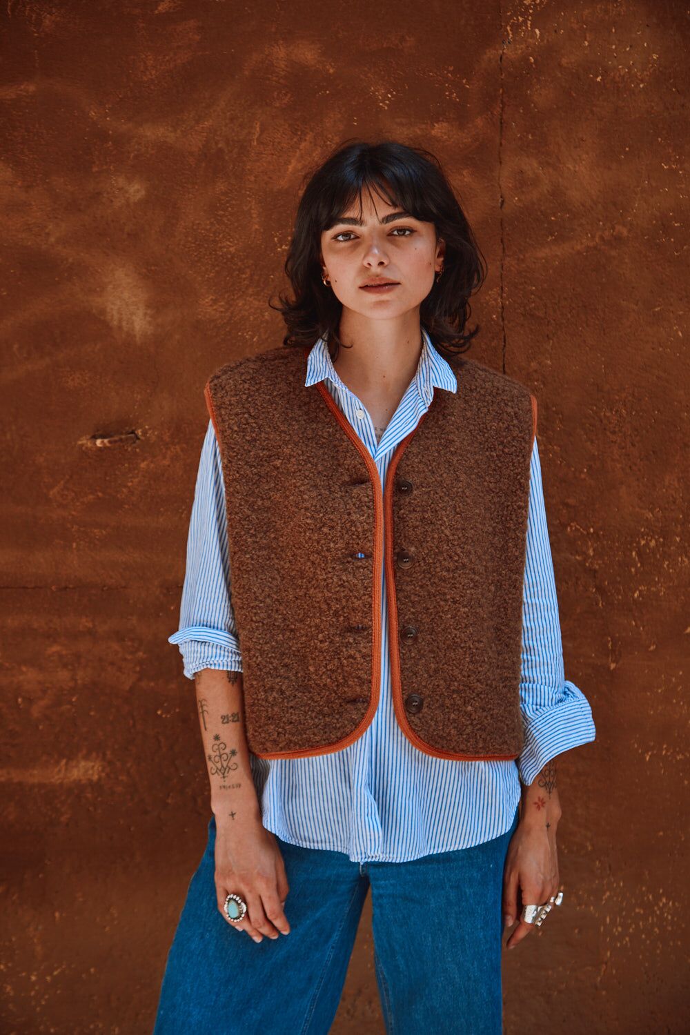 LUCE Gilet de berger en alpaga bouclé - Marron moka