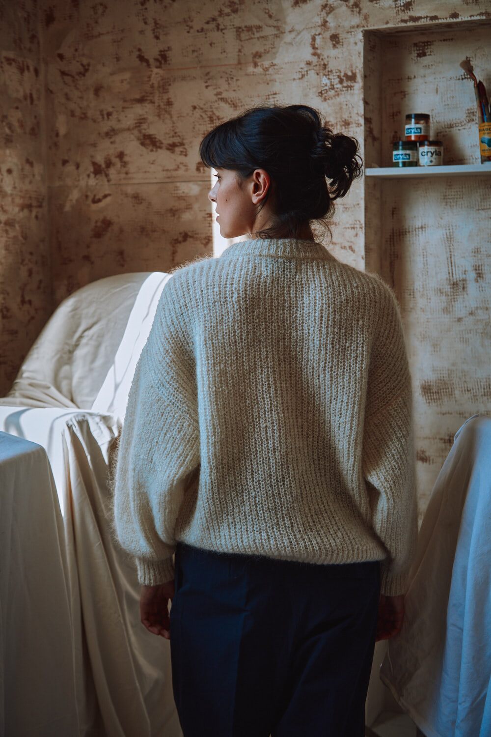 LUCIE Pull chauve-souris en laine mohair - écru, 100% maille sans cruauté et durable - L'envers