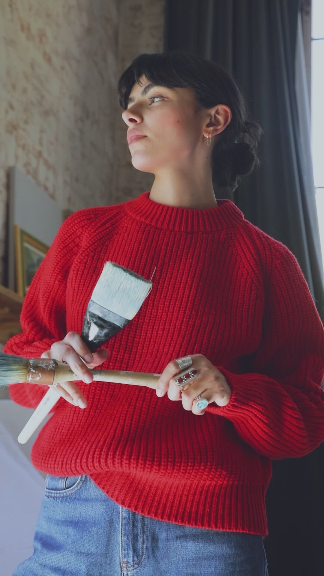 AGNES Col rond Pull - 100% Laine mérinos sans cruauté en rouge - Cardigan en laine mérinos espagnole - L'Envers