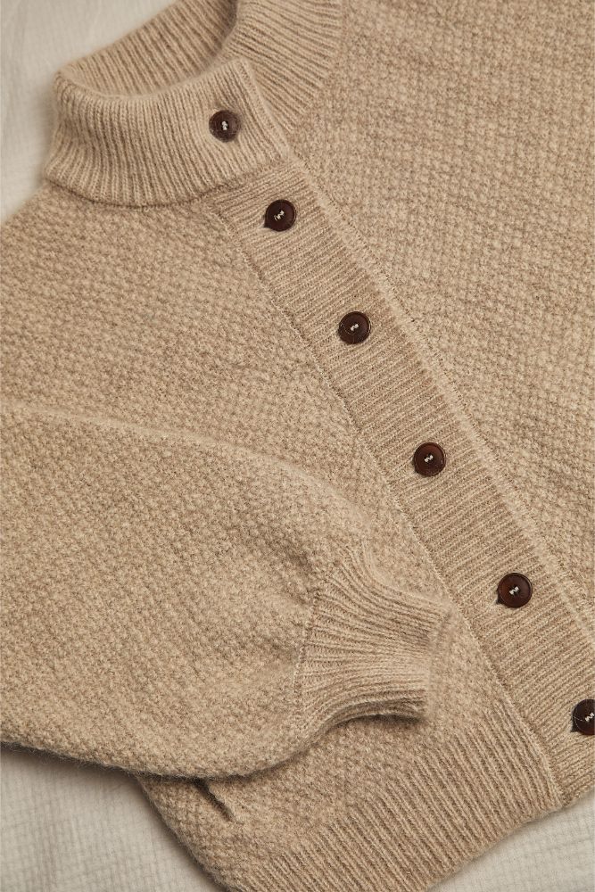 Veste cardigan à col haut GEORGE en beige clair - Laine naturelle mérinos-mohair - L'Envers