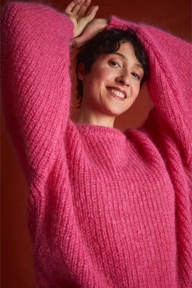 LUCIE Pull chauve-souris en laine Mohair - Fuchsia (Livré à Noël)